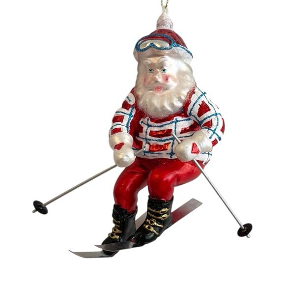 Skiing Santa Claus Glass Christmas Ornament Red White Skier NWOT ~ 6”x 3” - Picture 1 of 10